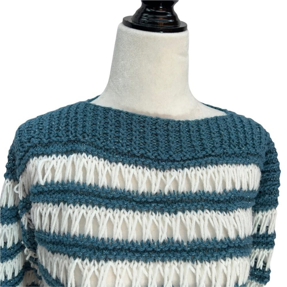 Unique! Vintage Hand Knit Open Weave Sweater White/Teal Size M/L - Picture 2 of 10